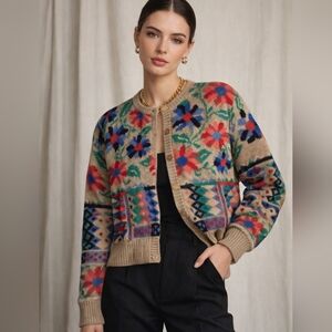 The Eagles‎ Eye Floral Knit Sweater Wool Beige Retro Cottagecore Cardigan L